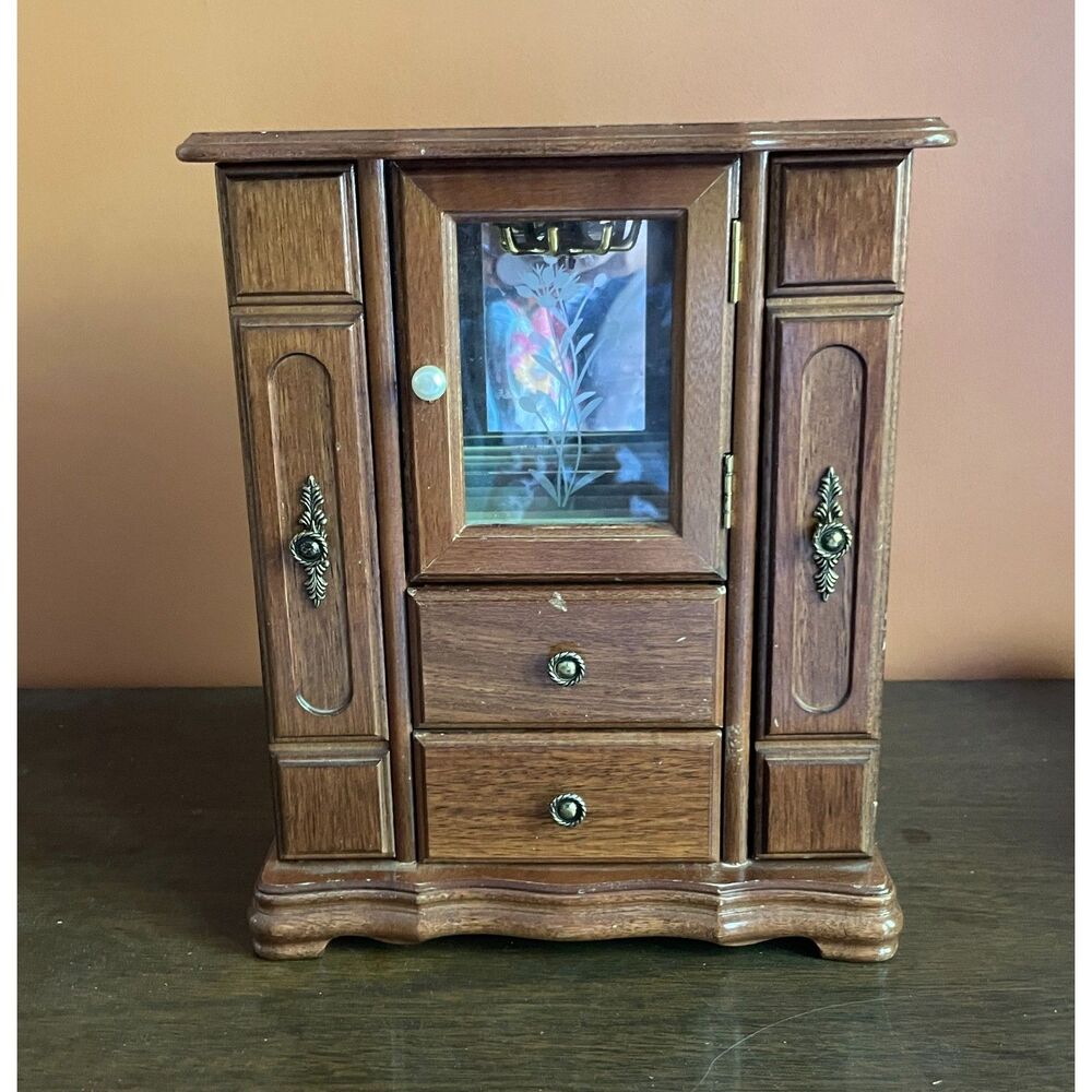 Vintage Wooden Jewelry Armoire Floral Glass Mirror Necklace Carousel Drawers